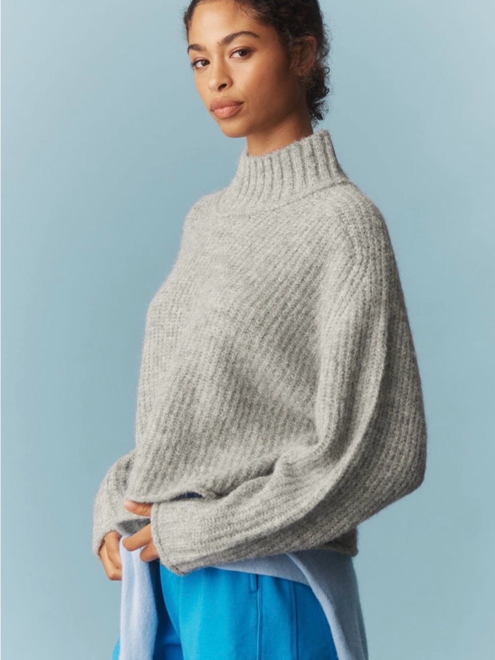 Cozy Ribbed Mock Neck Sweater by Pilcro - Light Gray